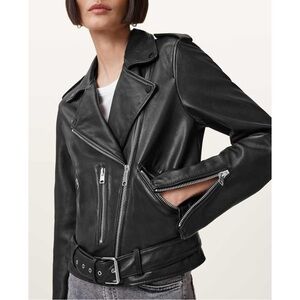 All Saints Balfern Black Fully Lined Classic Biker Leather Jacket sz 4